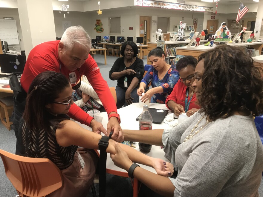 Miramar Fire Rescue officials were on-hand to help teachers practice how to use tourniquets during the training.