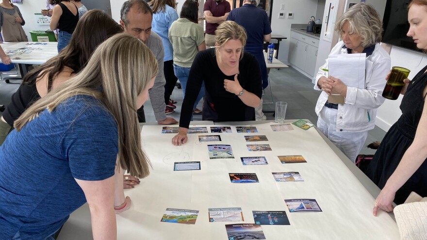 Participants collaborate at a "Climate Fresk" workshop at the Elizabeth River Project in Norfolk on Tuesday, April 16. (Photo by Katherine Hafner)