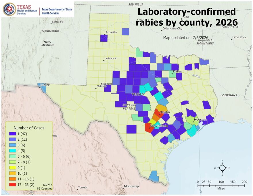 Bexar County falls within the highest category for laboratory-confirmed rabies cases in Texas in 2026, according to state health officials.