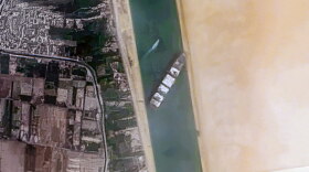  A satellite picture of the Ever Given stuck in the Suez Canal.