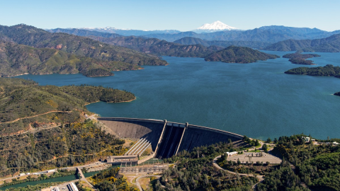 An aerial view of Lake Shasta and the dam in Shasta County, on May 9, 2024. On this date, the reservoir storage was 4,380,600 acre-feet (AF), 96 percent of the total capacity.