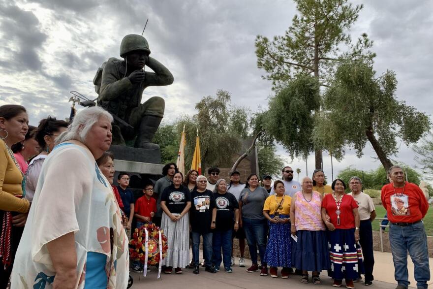 Dozens of Navajo Code Talker descendantsat Wesley Bolin Plaza in Phoenix 