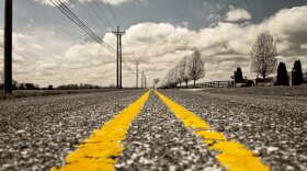 a closeup of pavement with double yellow lines surrounded by trees and utility poles