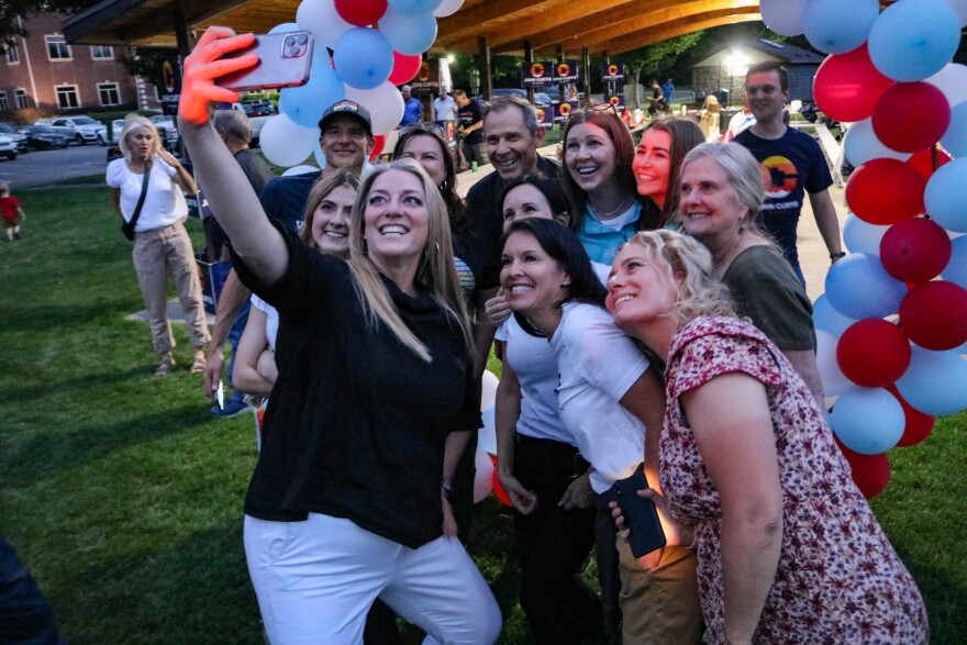 Republican Representative for Utah’s 3rd Congressional District, John Curtis, celebrates with his supporters at his campaign watch party in Riverview Park in Provo, Utah, June 28, 2022.