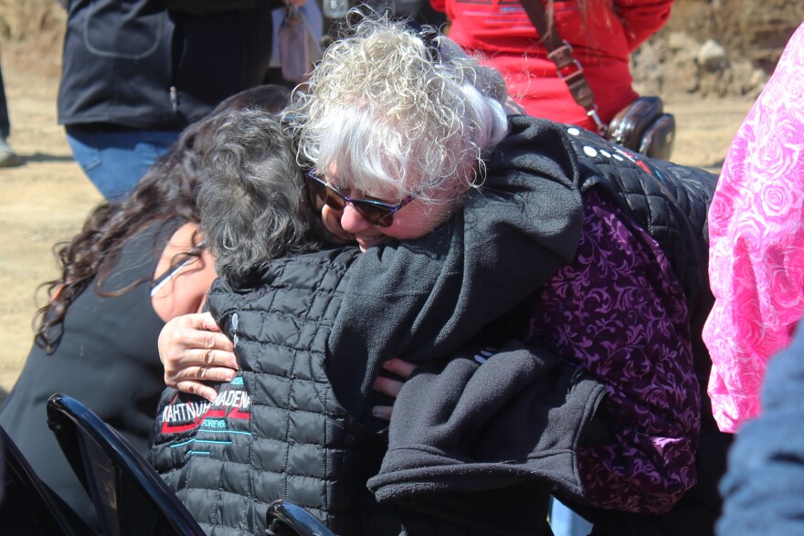 Kenaitze Tribal Council Chair Bernadine Atchison (right) hugs an attendee at a cermonial groundbreaking for Salamatof and Kenaitze Indian tribal elder housing on Friday, May 29, 2026 in Kenai, Alaska.