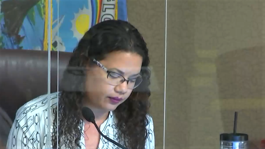 Commissioner Emily Bonilla, shown behind coronavirus shielding during a meeting Tuesday, told the emotional story of a beloved dog she purchased years ago from a retail pet store. Image: Orange County via video