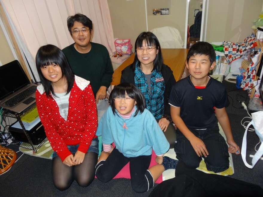 The Togawa family in their temporary home near Kawamata, Japan. From left: Rina, Kenichi, Kae, Yuka and Shoichiro.