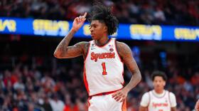 Syracuse men's basketball forward Donnie Freeman (1, White) reacts during SU's 64-61 loss to Clemson on December 31, 2025. Freeman, who led the Orange in scoring last season, announced his transfer Monday.
