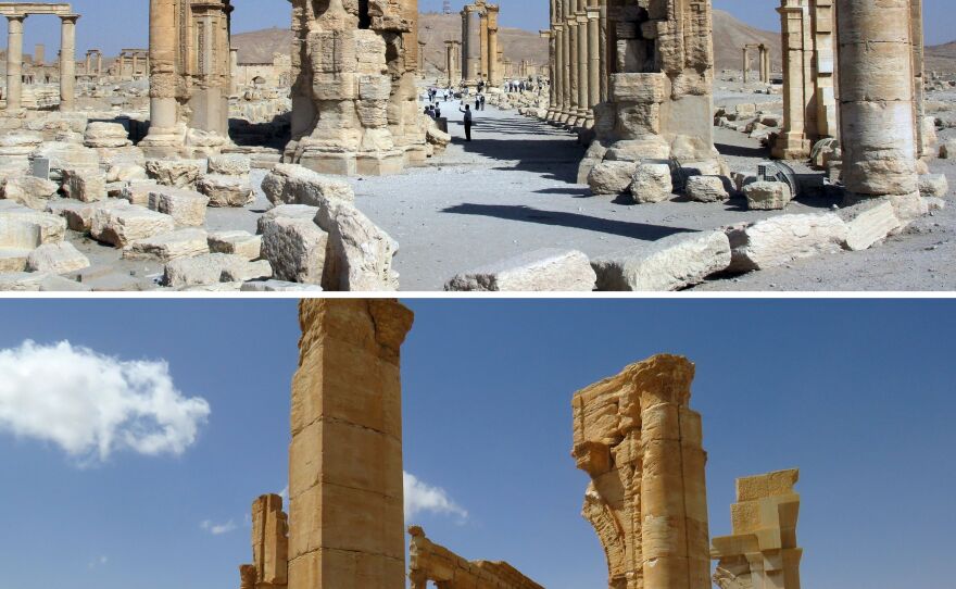 A combination of images shows a general view of the Arch of Triumph in June 2010 (top) and the remains of the iconic structure after government troops recaptured the ancient city of Palmyra from IS fighters.