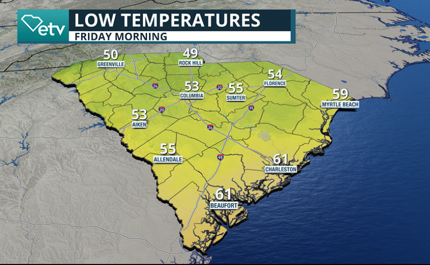 South Carolina low temperature map for Friday morning