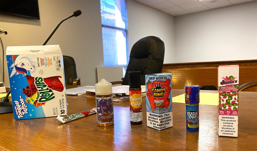 Flavored vape products on display at an Oct. 30, 2019 state district court hearing in Hamilton over Montana's temporary vape ban.