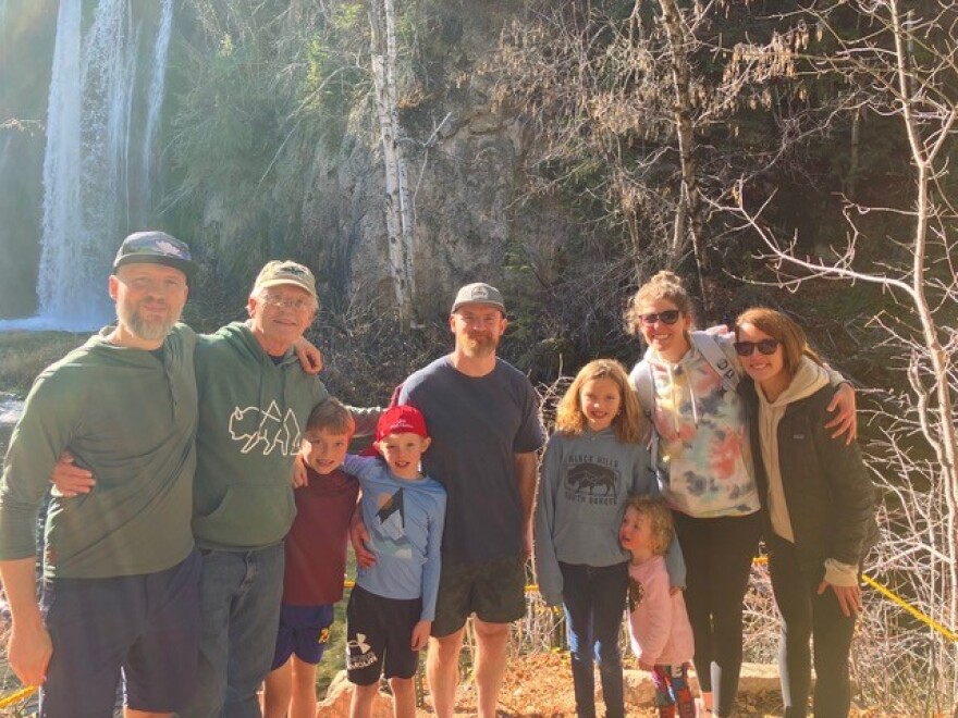 Stopping for a family photo at Spearfish Falls in Spearfish Canyon