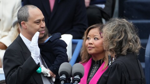Jay Jones is sworn in as Attorney General at the Capitol in Richmond Va., Saturday Jan. 17, 2026.