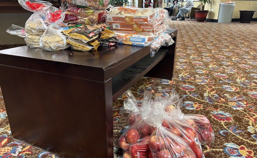 Food is brought into the lobby for Causeway Bay residents to bring to their rooms.