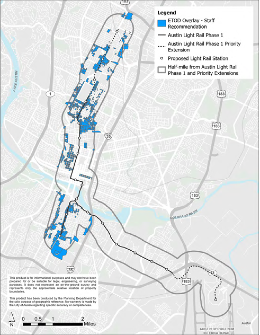 En un mapa proporcionado por la ciudad de Austin, el azul marca donde los desarrolladores podrían construir más alto si algunos de los departamentos se reservan para las personas que tienen bajos ingresos.