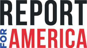 Report For America logo in black, blue and red.