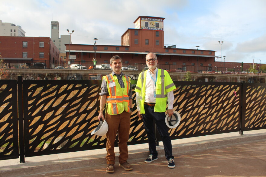 Renew Jordan Creek Project Manager Kirkland Preston and Tim Rosenbury, director of Quality of Place Initiatives for the City of Springfield stand in front of the creek on September 11, 2026.