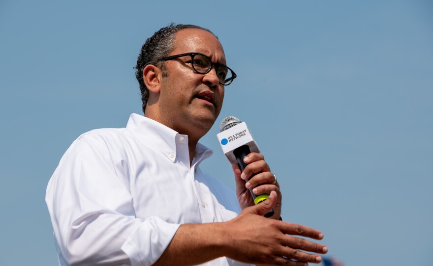 Former Texas Congressman Will Hurd spoke to a crowd at the Iowa State Fair on Aug. 18, 2023.