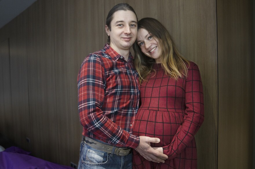 Oleksandra Bielova, 32, and Andrii Hardashnyk, 35, attend a class for new parents in Kyiv.