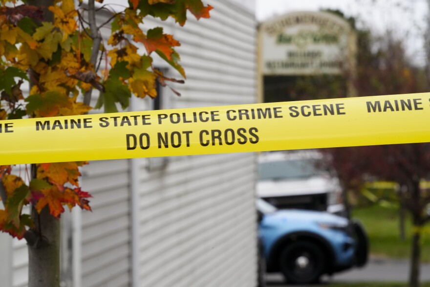 Crime scene tape still surrounds Schemengees Bar & Grille, Sunday, Oct. 29, 2023, in Lewiston, Maine. The community is working to heal following mass shootings at the bar and a bowling alley in Lewiston on Wednesday, Oct. 25.