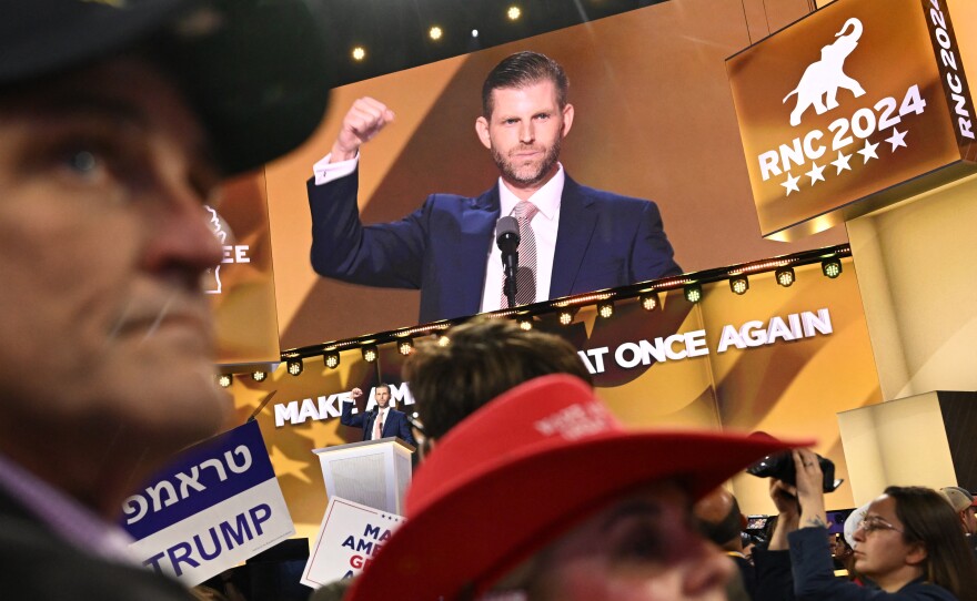 Son of Former President Donald Trump, Eric Trump speaks during the last day of the 2024 Republican National Convention.