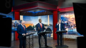 Republican candidates for Michigan governor (left to right) Mike Cox, John James, and Perry Johnson debate at the WJBK studios in Southfield on Wednesday, July 8, 2026.