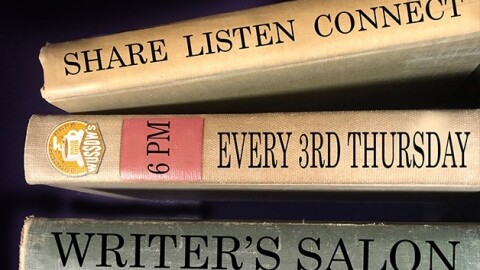 Spines of three books advertising the "Writer's Salon"