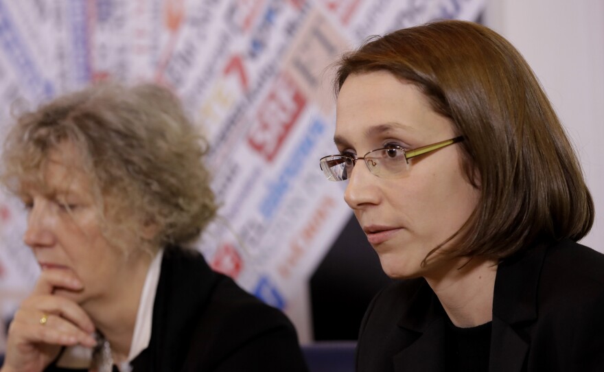 Doris Wagner (right), a former nun, speaks at a news conference on abuse survivors in Rome on Feb. 19.