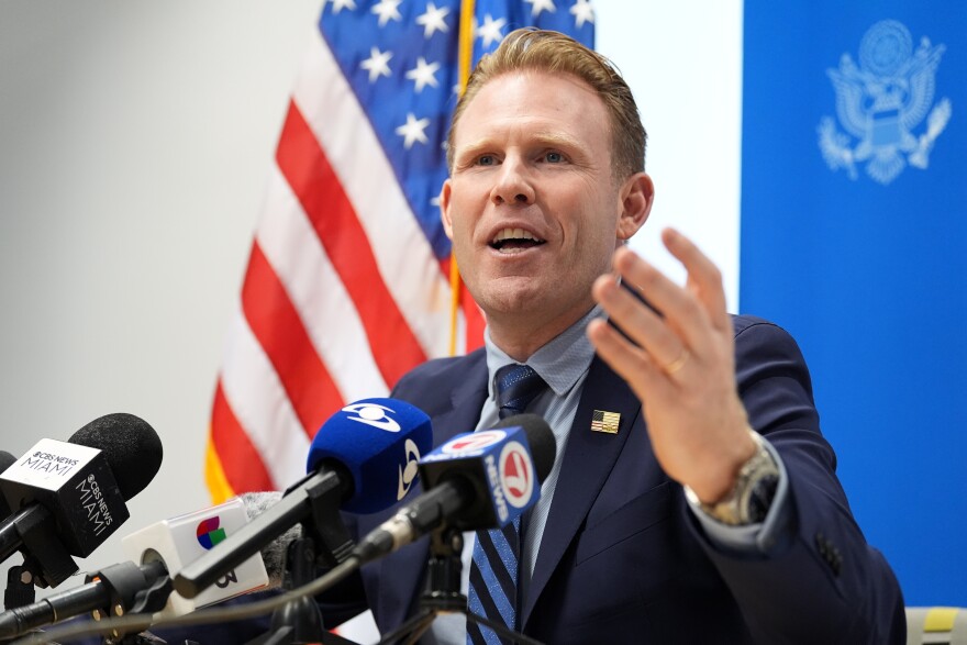 Andrew Giuliani, head of the The White House Task Force on the FIFA World Cup 2026, speaks to the press during a briefing, Thursday, June 4, 2026, in Miami, about security for the World Cup soccer tournament. (AP Photo/Rebecca Blackwell)