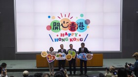 From left, Secretary for Home and Youth Affairs Alice Mak, Financial Secretary Paul Chan, Secretary for Culture, Sports and Tourism Kevin Yeung and Executive Director of the Hong Kong Tourism Board Dane Cheng during a presser to launch the "Happy Hong Kong" campaign in Hong Kong, Monday, April 24, 2023.