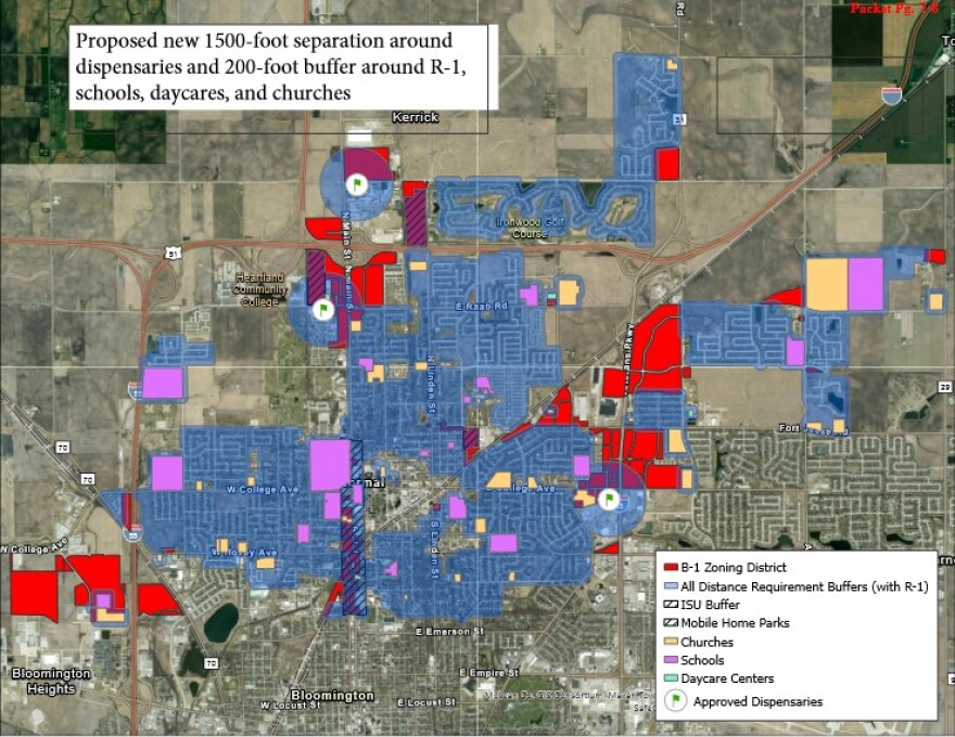 This  map shows the proposed changes to Normal's existing buffer zones for recreational cannabis dispensaries.