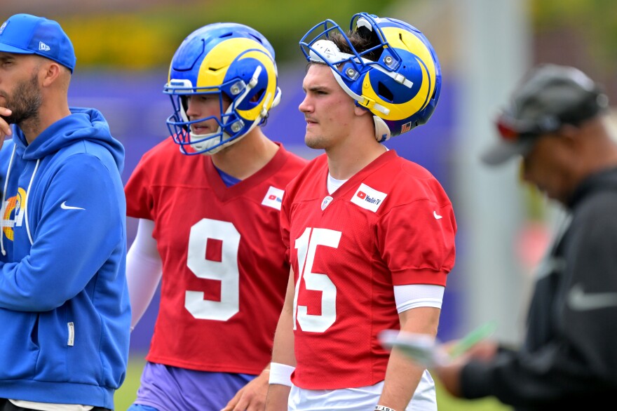 Los Angeles Rams quarterbacks Matthew Stafford (9) and Ty Simpson (15) look on during the NFL football team's practice Thursday, May 28, 2026, in Los Angeles. (AP Photo/Jayne Kamin-Oncea)