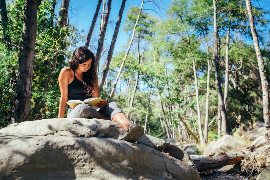 A woman reads a book on a rock in the woods.