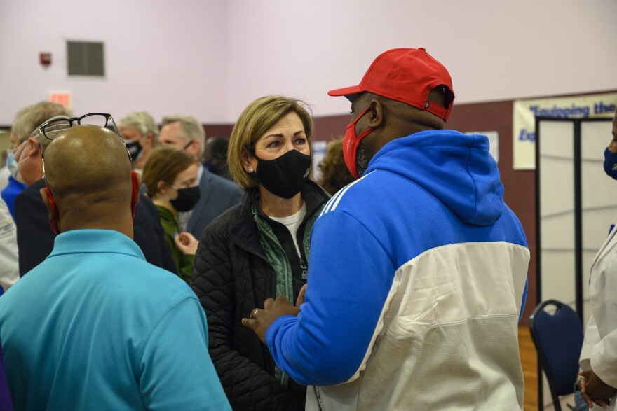 Gov. Kim Reynolds toured a mass vaccination clinic at the Corinthian Baptist Church in Des Moines. She has praised the clinic as a way to vaccinate the state's minority population.