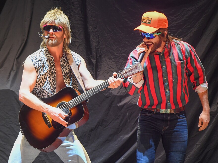 Dierks Bentley (left) and Thomas Rhett perform earlier this year as part of the Hot Country Knights, Bentley's affectionate send-up of '90s country that often includes covers of songs by Brooks & Dunn.