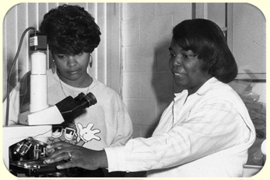 Kentucky State University (KSU) Student Science Lab. Two African-American female students in a science lab in 1980.