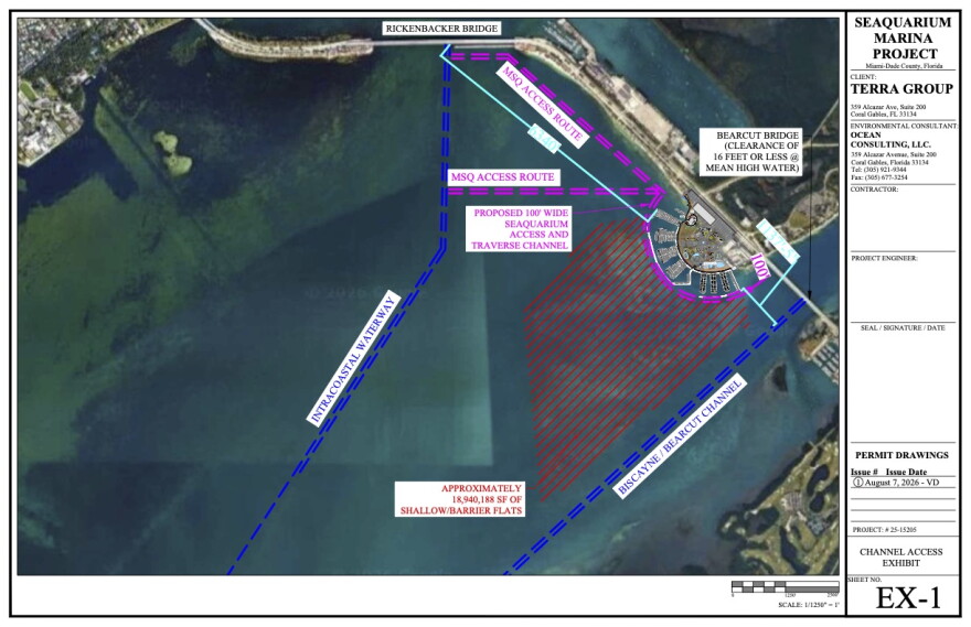 A map submitted to Miami-Dade County shows boats accessing the marina via channel facing a large seagrass flat.