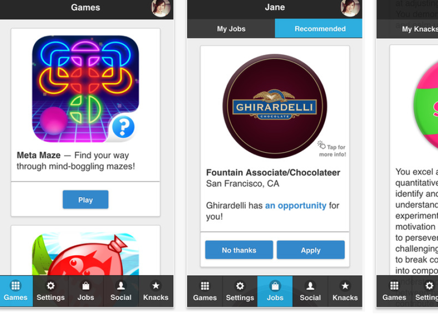 The Knack app has users play games that gauge their playing style to determine how they think and work.