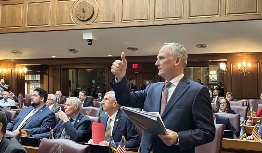 Rep. Craig Snow, R-Winona Lake, signals his “yes” vote on the bill allowing a new Fort Wayne-area casino on Friday, Feb. 27, 2026.