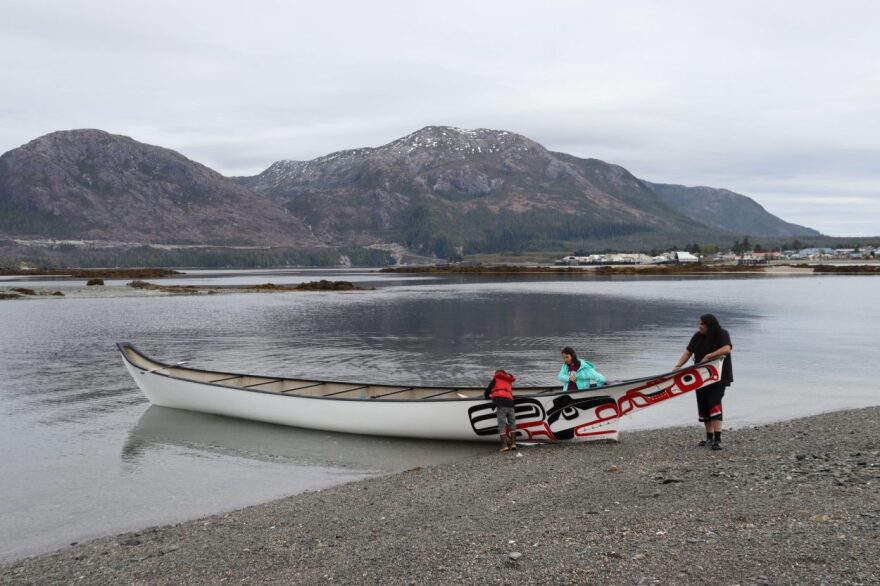 Nahaaygm Łagyigyedm, or Spirit of Our Ancestors, sits ashore One Tree Island outside of Metlakatla.