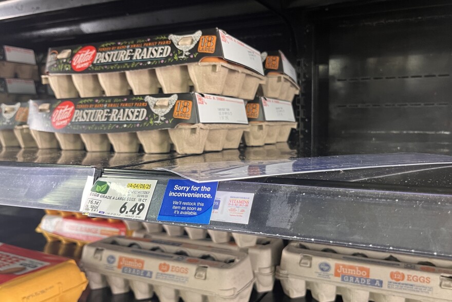 Cartons of 18-count Eggland’s Best eggs were out of stock on the shelves of a Kroger in Bloomington, taken Feb. 24, 2025.
