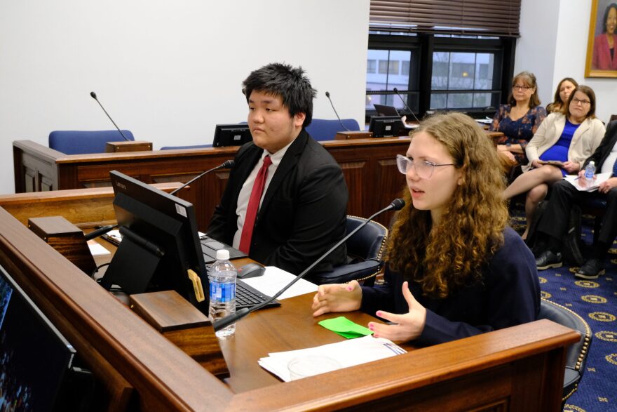 Mt. Edgecumbe sophomore Kadyn Cross (left) and junior Ilana Kalke (right) testify before legislators on Feb. 11, 2026.