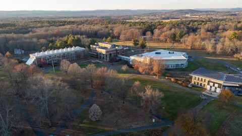 An aerial view of Hampshire College in November.