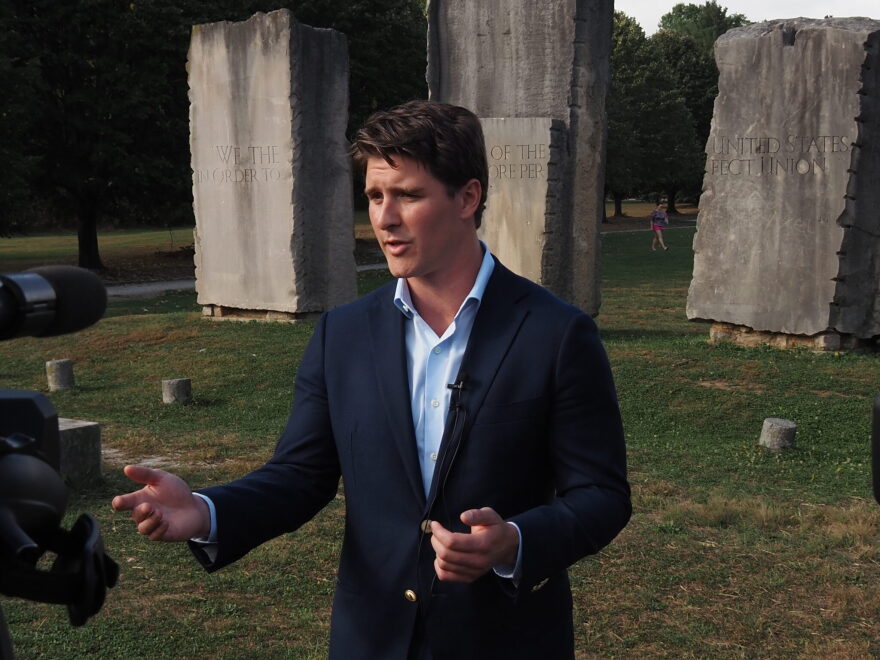 Beau Bayh meets with the media at Holliday Park in Indianapolis on Oct. 6, 2025.