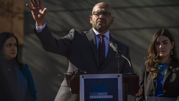 House Speaker Javier Martínez speaks about the House Democrats’ legislative priorities for the upcoming 2026 Legislative Session during a press conference outside the First Choice Community Health Care in Albuquerque’s South Valley on Friday.