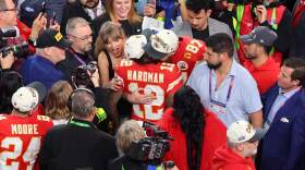 Mecole Hardman Jr. #12 of the Kansas City Chiefs celebrates with Travis Kelce #87 and Taylor Swift after defeating the San Francisco 49ers 25-22 during Super Bowl LVIII at Allegiant Stadium on Febr. 11, 2024 in Las Vegas, Nevada. (Michael Reaves/Getty Images)
