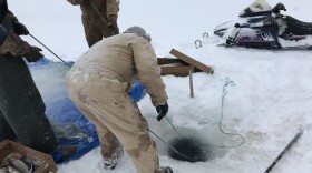 A man in coveralls bends over a hole in ice and pulls out a net.