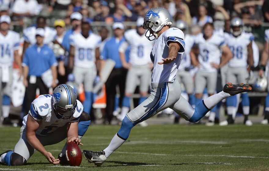 Detroit Lions place-kicker Jason Hanson attempts a field goal in a preseason game against the Oakland Raiders. Hanson, 42, has played 21 consecutive seasons for the Lions.