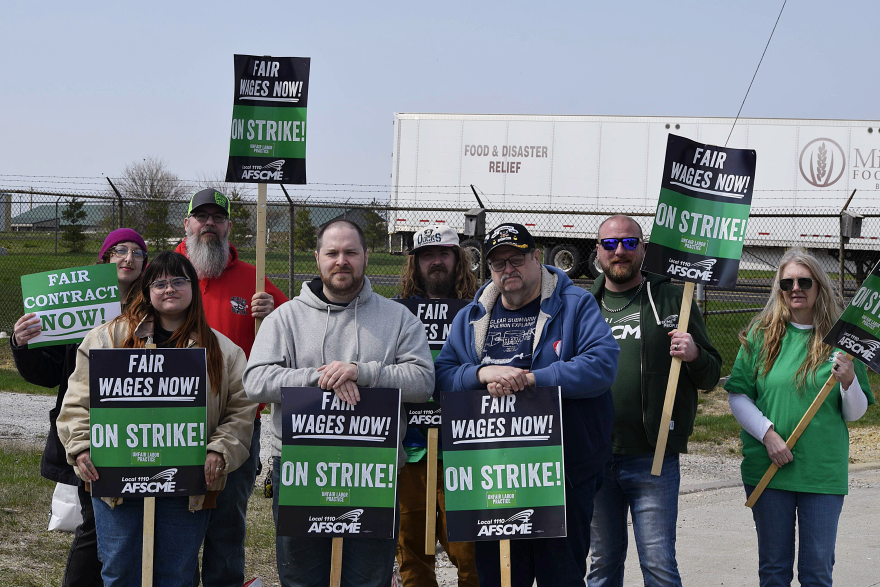 Eight workers hold black and green signs declaring they are on strike.