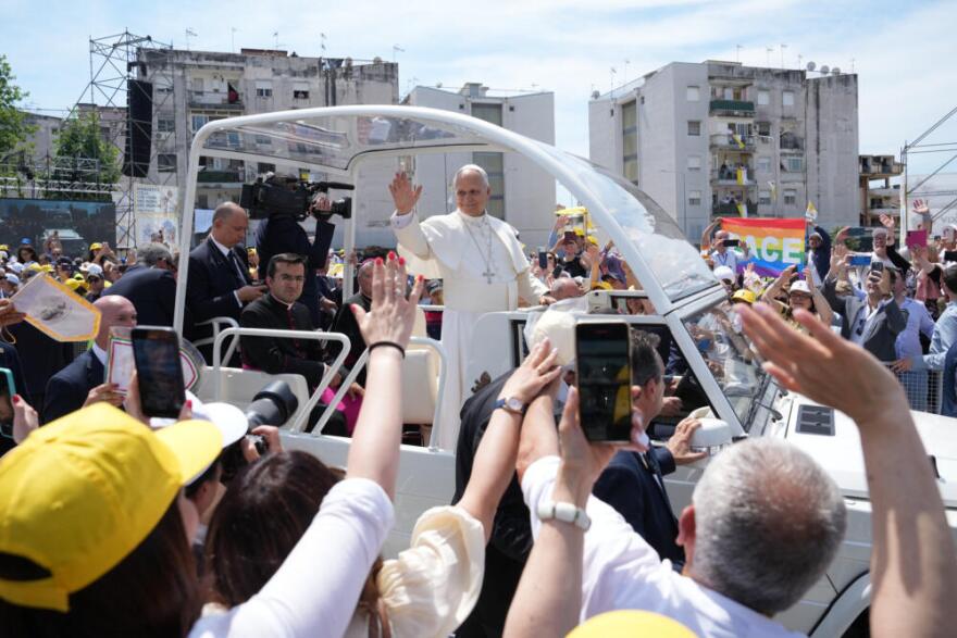 Pope Leo XIV leaves Calipari Square at the end of his pastoral visit in Acerra, near Naples, Italy, Saturday, May 23, 2026. (Andrew Medichini/AP)
